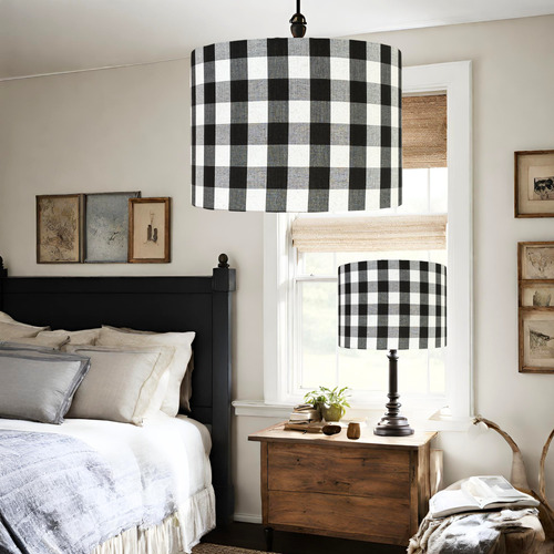 Black orders and white plaid lamp shade